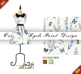 矢量锦带花蝴蝶四方连续