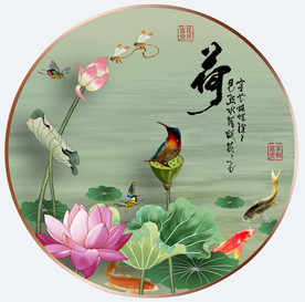 原创手绘荷花翠鸟鲤鱼装饰画