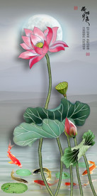 原创玄关水墨荷花鲤鱼装饰画壁画