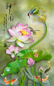 原创高清玄关荷花鲤鱼翠鸟装饰画