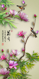 原创玄关玉兰花鸟竹子装饰画壁画