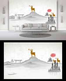 山水麋鹿电视背景墙
