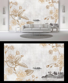 复古山水花朵背景墙