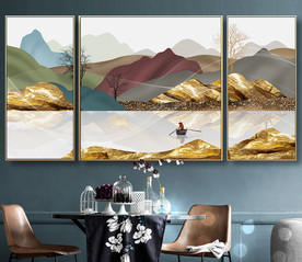 现代轻奢手绘山水三联装饰画