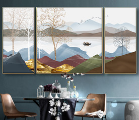 现代轻奢手绘山水三联装饰画