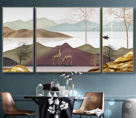 现代轻奢手绘山水三联装饰画