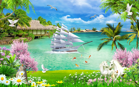 一帆风顺椰树风景背景墙