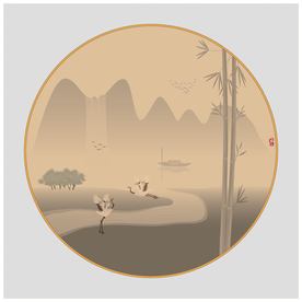 竹子高山流水飞鹤新中式水墨装饰