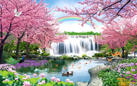 樱花树瀑布风景背景墙