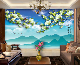 原创玉兰花鸟山水画背景墙