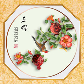 原创手绘石榴花鸟装饰画