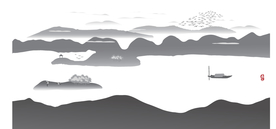 宽幅高山湖泊白鹤新中式水墨装饰