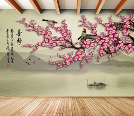 原创手绘梅花喜鹊装饰画背景墙