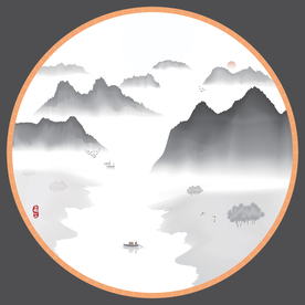 圆形禅意山水新中式水墨装饰矢量