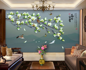 原创玉兰花鸟装饰画背景墙