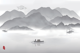 渔舟白鹤意境山水新中式水墨装饰
