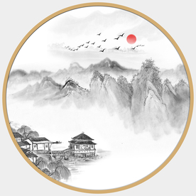 圆形山水画圆形水墨圆形阁楼楼阁