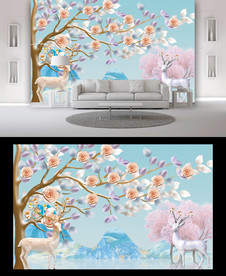 山水麋鹿背景墙