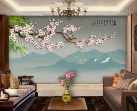 原创手绘梅花竹子喜鹊装饰画