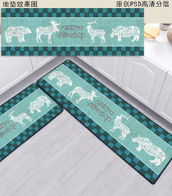 北欧森林动物复古厨房地垫