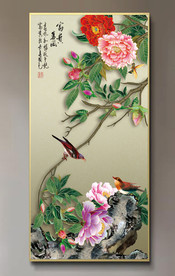 原创玄关手绘牡丹花鸟装饰画