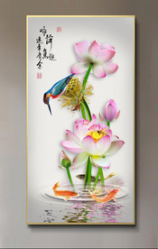 原创玄关高清荷花翠鸟鲤鱼装饰画