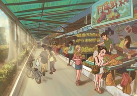 手绘广东金融学院水果长街素材