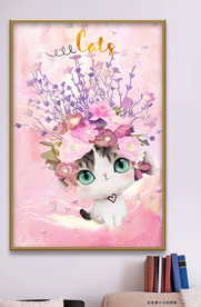 可爱卡通猫咪花冠装饰画