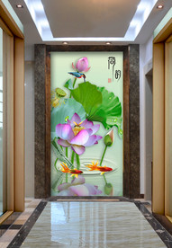 原创玄关荷花翠鸟金鱼装饰画