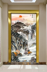 原创玄关水墨山水迎客松装饰画