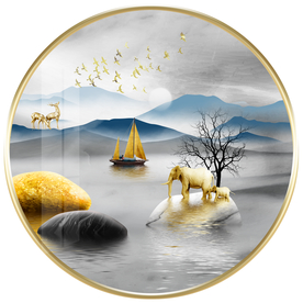 新中式山水麋鹿大象装饰画