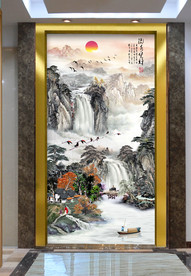 原创玄关水墨山水流水生财装饰画