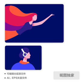 抽象耳机男孩女孩AI插画