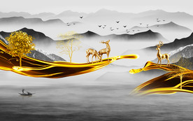 麋鹿背景墙装饰画 TIF分层