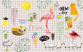 美味奶茶果汁火烈鸟工装背景墙
