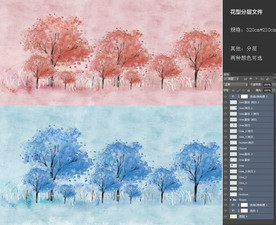 唯美背景壁画粉色蓝色树林树木墙