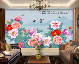 原创手绘牡丹国色天香背景墙