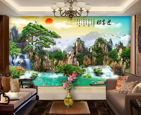 原创迎客松山水风景画背景墙