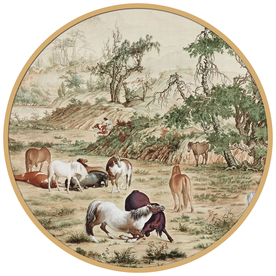 圆形山水画圆形马装饰画