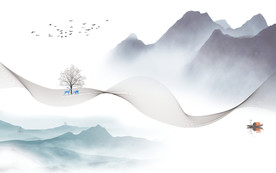 新中式水墨飘带麋鹿电视背景墙