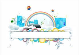 彩虹城市热气球矢量城市图