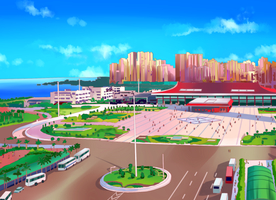 手绘拱北口岸珠海美景素材