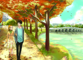 手绘城市素材湖水清澈、浪漫情侣