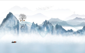 新中式飘带鹿飞鸟轻舟背景墙