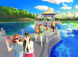 手绘国庆节大学美女青春美好时光