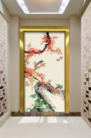 原创玄关喜鹊红叶树竹子装饰画