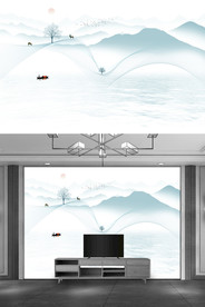 新中式山水麋鹿飘带背景墙