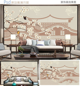 古风庭院建筑新中式背景墙