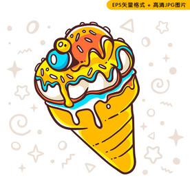 3D质感冰淇淋甜筒漫画矢量插图