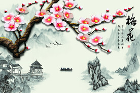 山水水墨山梅花江南背景墙图片